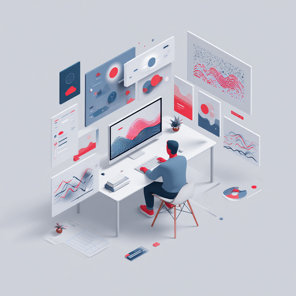 Illustration isométrique d'une agence d'IA générative au travail : tableaux de bord, visualisations de données et écrans d'analyse